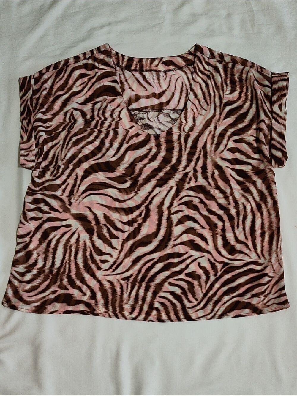 LOFT Short Sleeve V-Neck Zebra Print Top - Pink & Brown